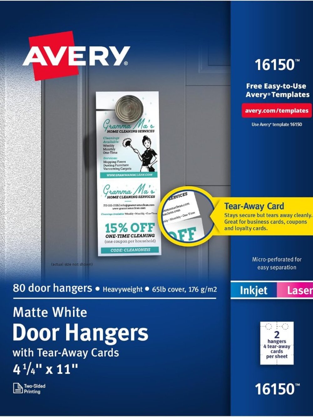 Printable Door Hangers with Tear-Away Cards, 4.25" x 11", Matte White, 80 Blank